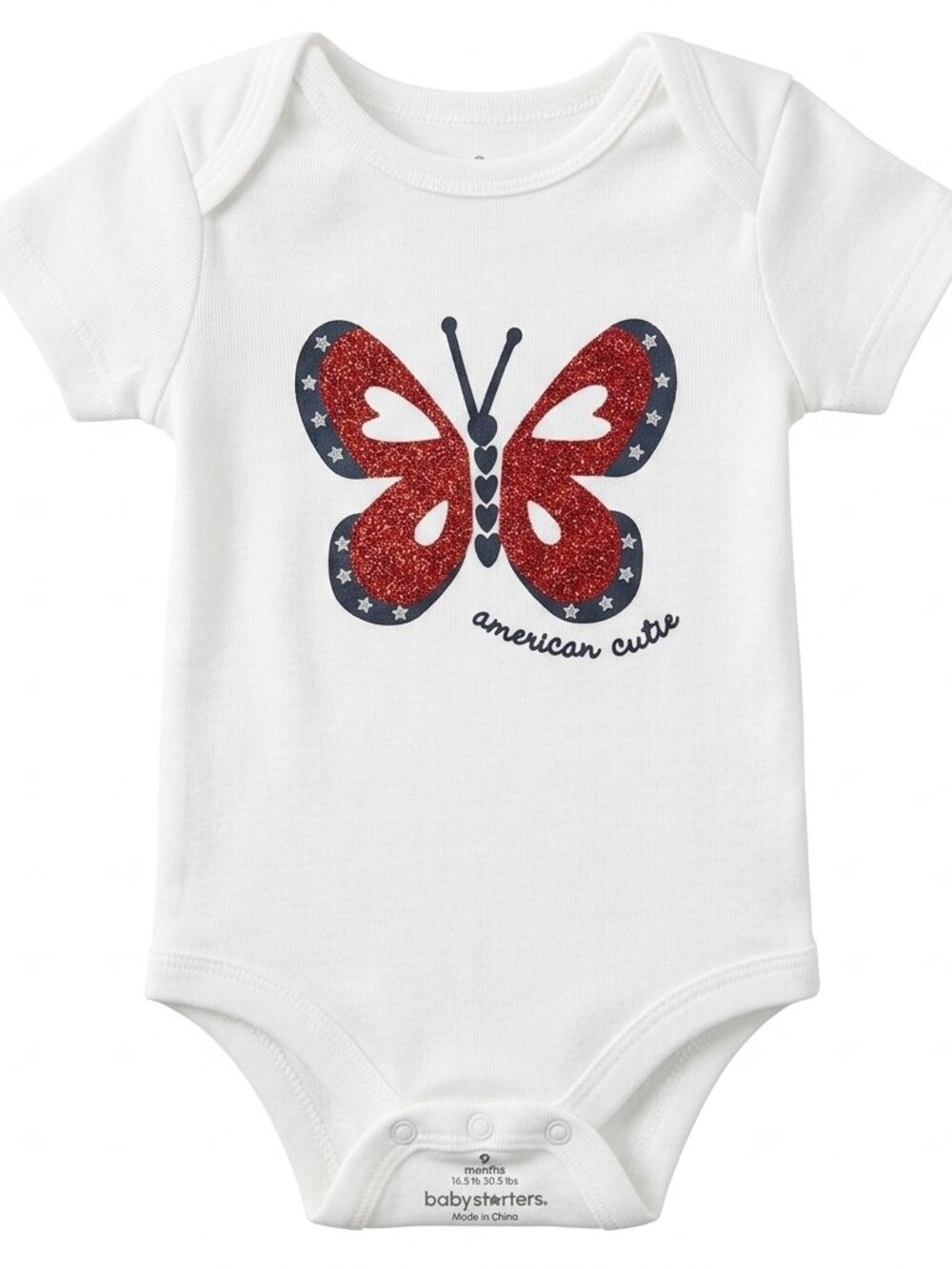 Baby Patriotic Bodysuit Glittered Butterfly Decal "American Cutie" 6 mts Sparkle